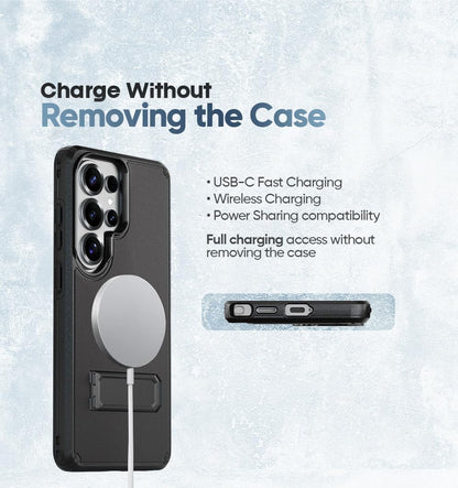 Wireless charging and USB-C fast charging access for Samsung Galaxy S26 Ultra Motivecase Ranger V2 magnetic protective cover.