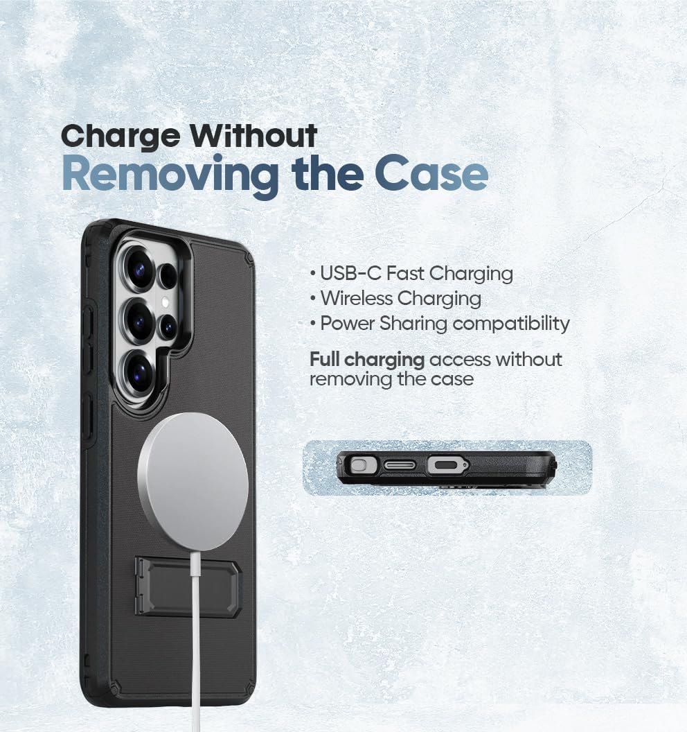 Wireless charging and USB-C fast charging access for Samsung Galaxy S26 Ultra Motivecase Ranger V2 magnetic protective cover.