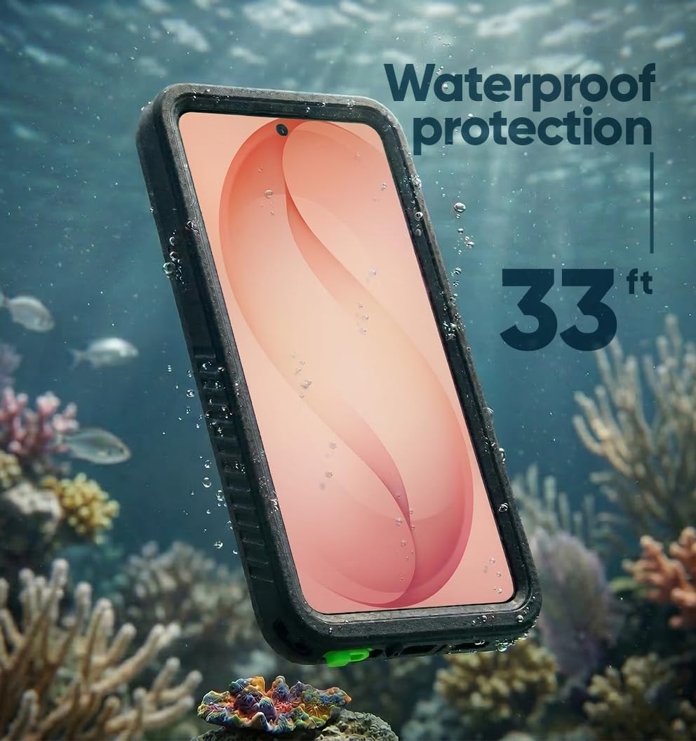 Samsung Galaxy S26 Ultra submerged underwater demonstrating 33ft IP68 waterproof protection with Motivecase sealed phone case.