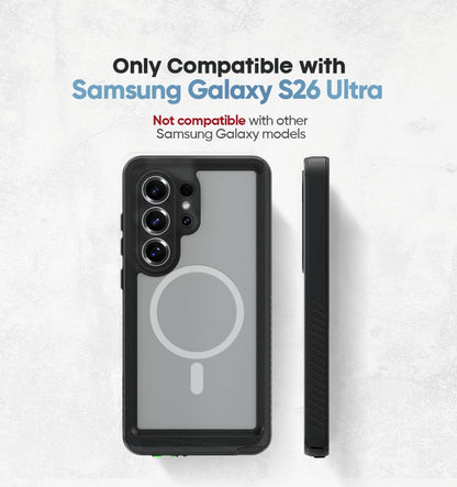 Model compatibility guide confirming Motivecase Waterproof series phone case fits Samsung Galaxy S26 Ultra exclusively.