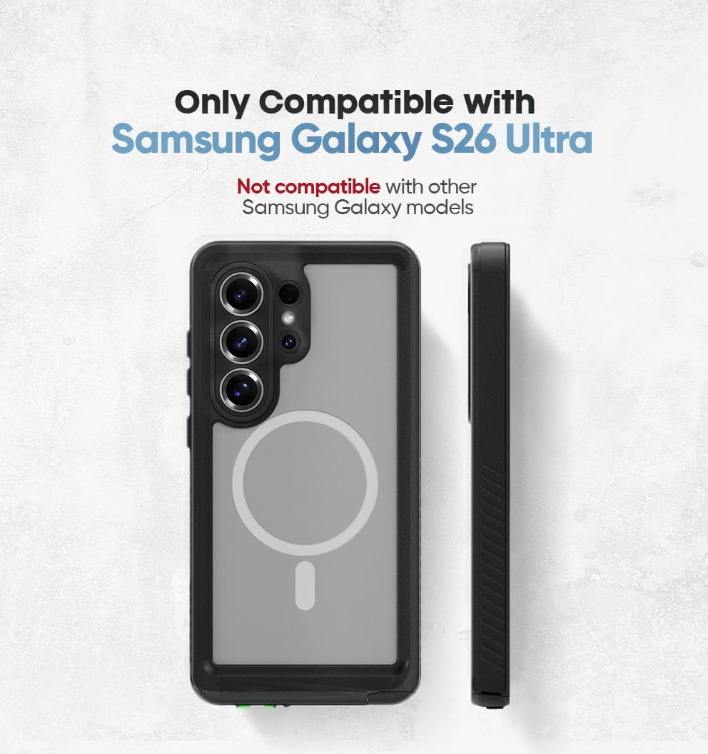 Model compatibility guide confirming Motivecase Waterproof series phone case fits Samsung Galaxy S26 Ultra exclusively.