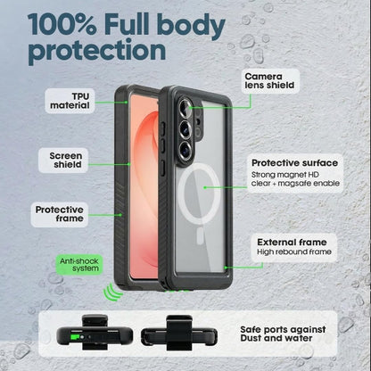 100% full-body protection component diagram for Motivecase Waterproof Samsung Galaxy S26 Ultra case with screen shield and sealed ports.