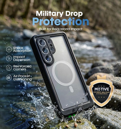 IP68 waterproof and dustproof certified Motivecase case for Samsung Galaxy S26 Ultra featuring military-grade drop protection and reinforced corners.