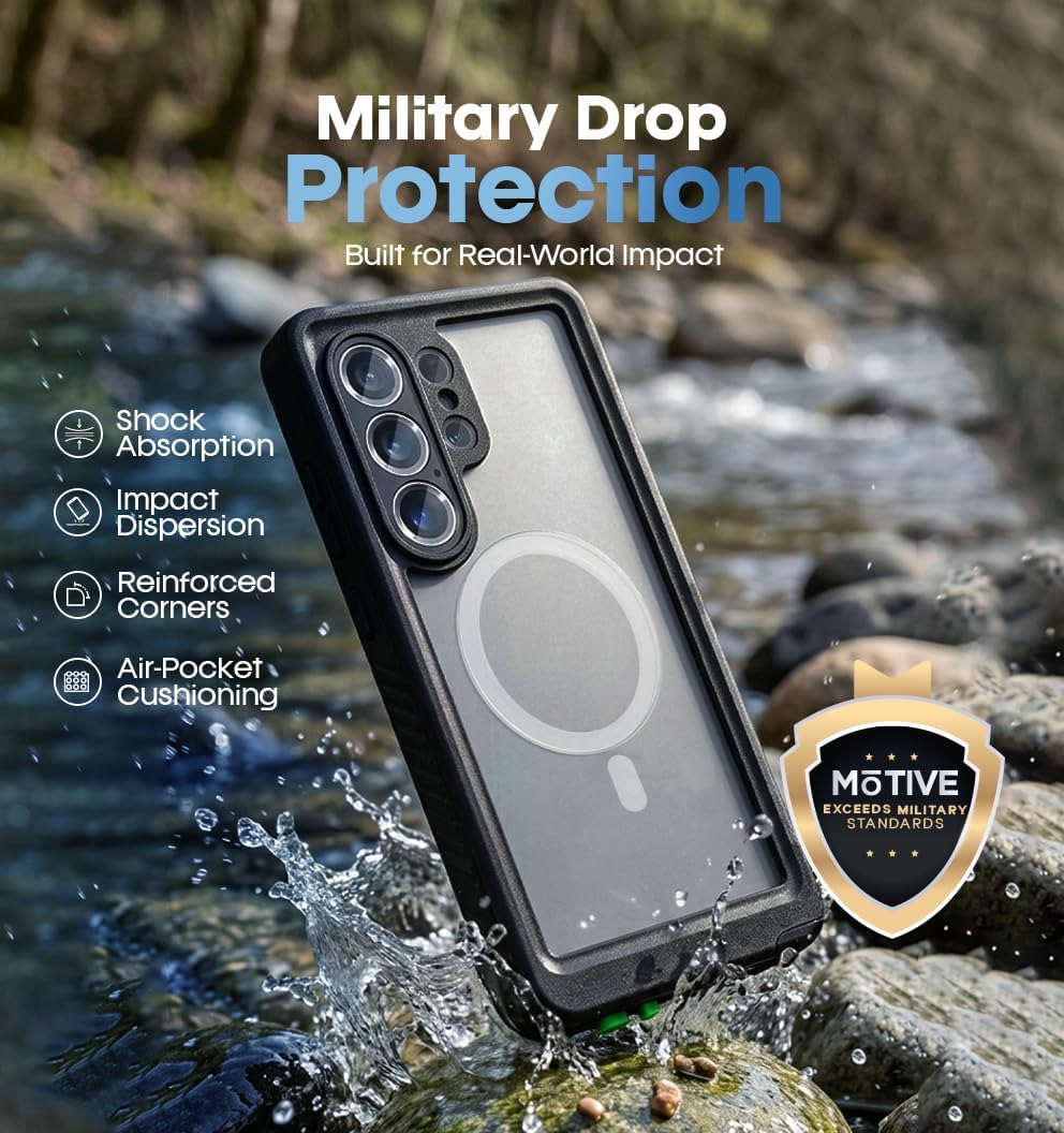 IP68 waterproof and dustproof certified Motivecase case for Samsung Galaxy S26 Ultra featuring military-grade drop protection and reinforced corners.