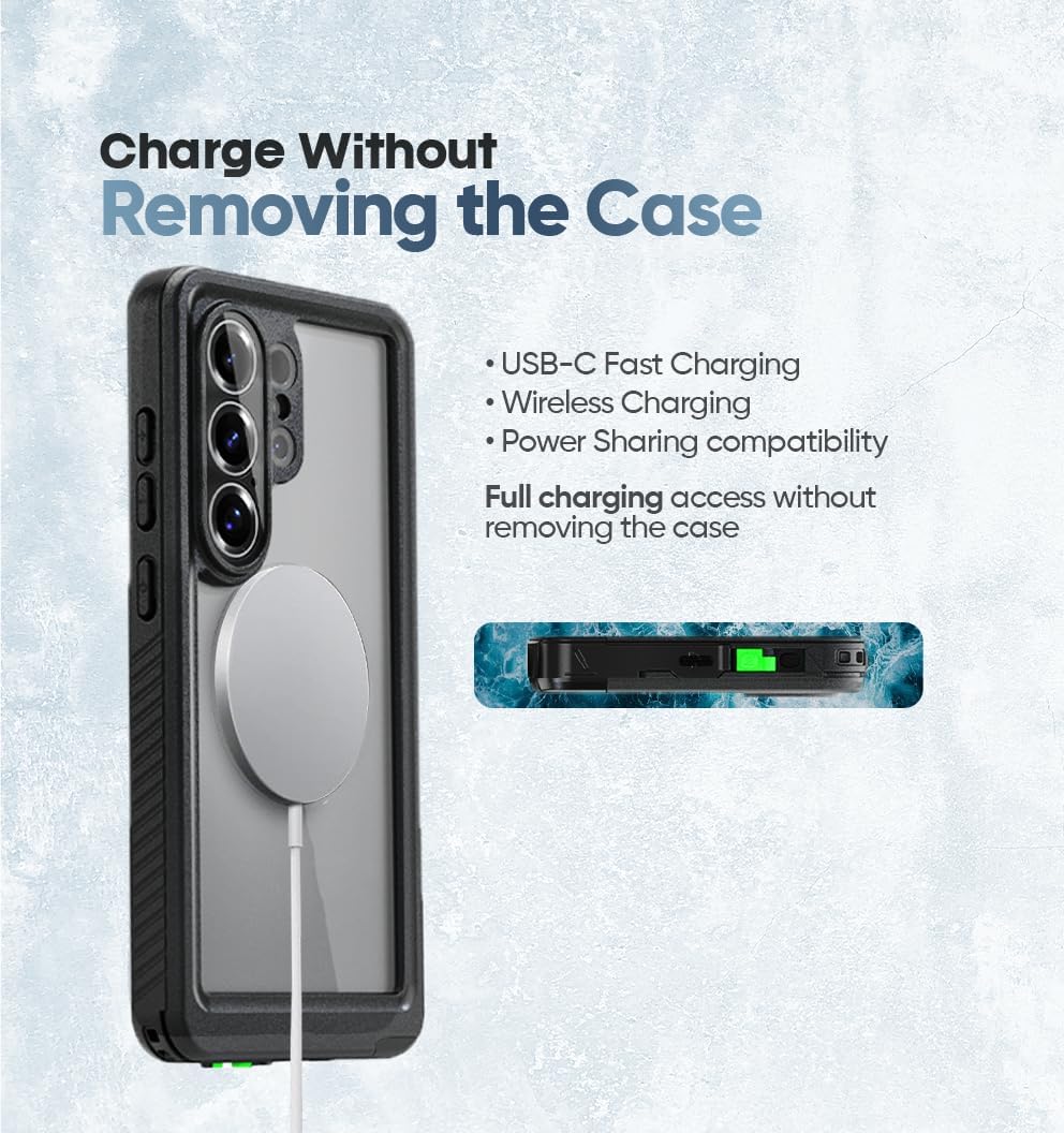 Samsung Galaxy S26 Ultra Motivecase Waterproof case supporting MagSafe wireless charging, USB-C fast charging, and power sharing.