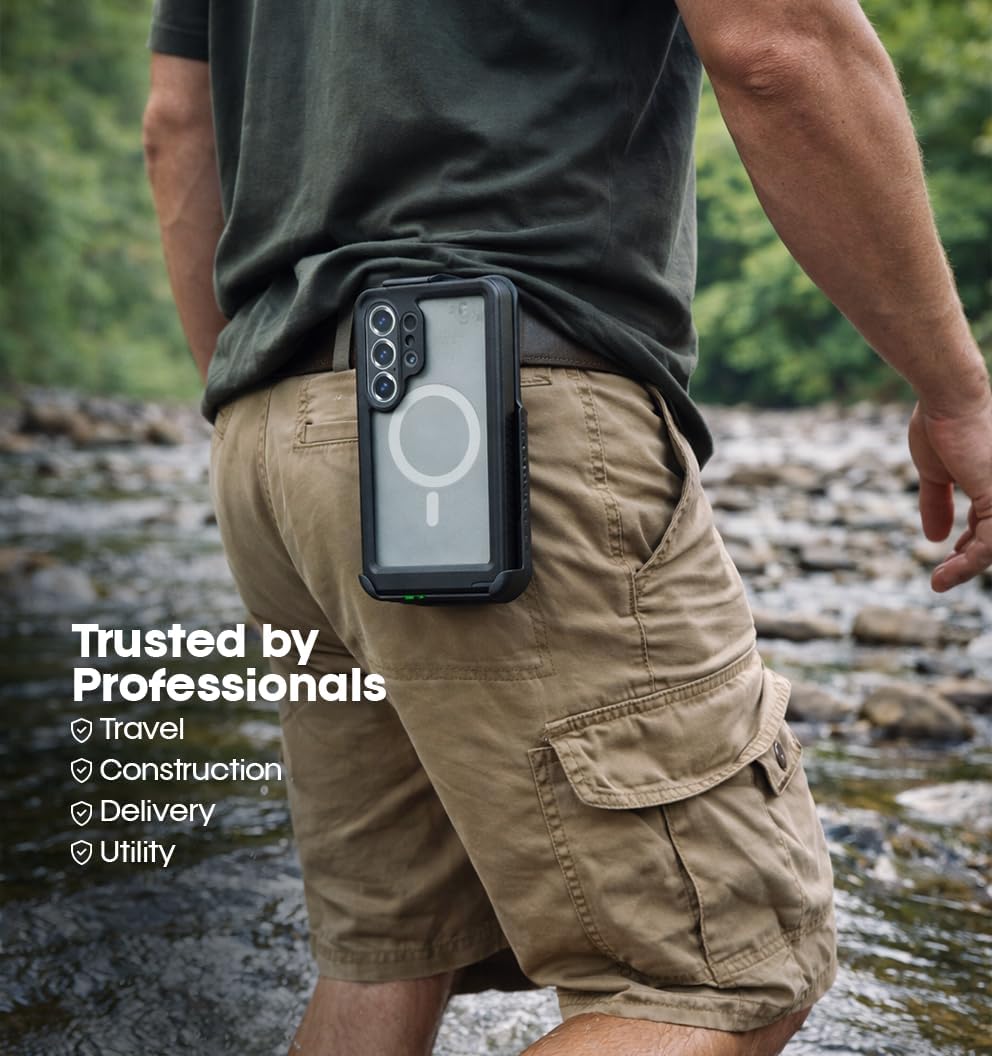 Professional man outdoors near a river using the Motivecase Waterproof Samsung Galaxy S26 Ultra phone case secured to a belt clip holster.