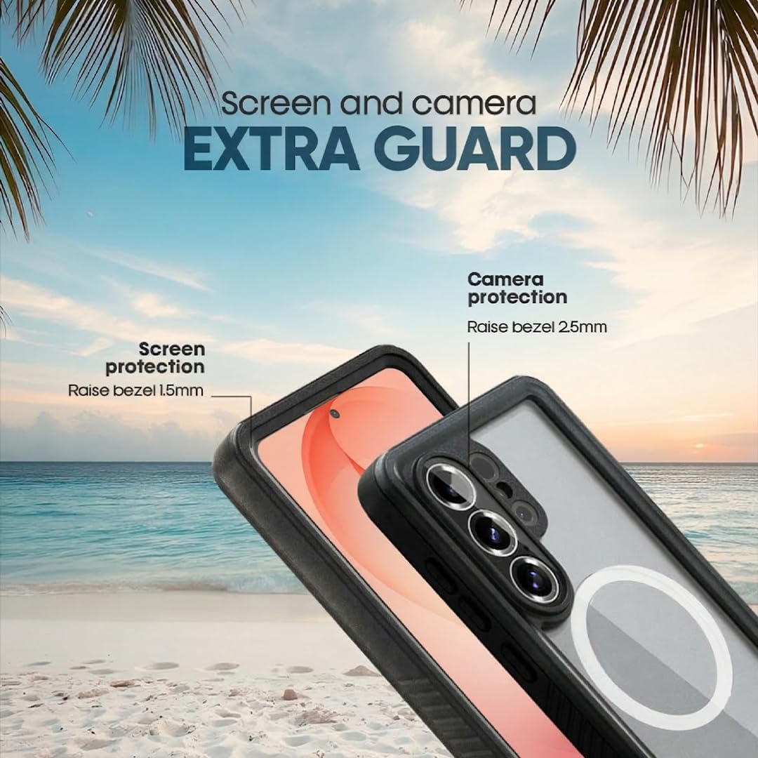 Enhanced raised bezel protection for Samsung Galaxy S26 Ultra Waterproof case featuring 2.5mm camera guard and 1.5mm screen lip by Motivecase.