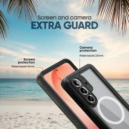 Enhanced raised bezel protection for Samsung Galaxy S26 Ultra Waterproof case featuring 2.5mm camera guard and 1.5mm screen lip by Motivecase.