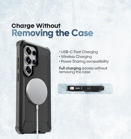 Samsung Galaxy S26 Ultra magnetic case by Motivecase supporting wireless charging, USB-C fast charging, and power sharing access.