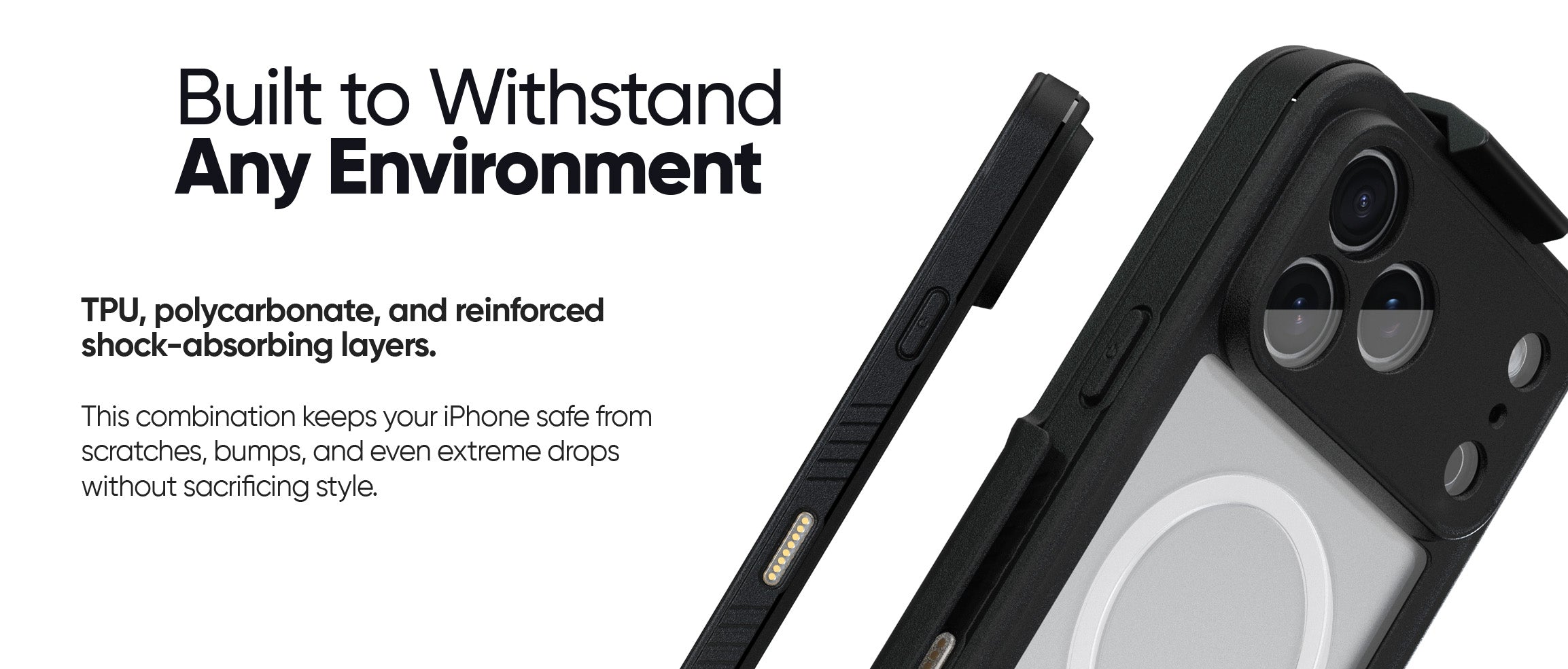 Diagram of the Motivecase Waterproof case's construction, showing its TPU, polycarbonate, and reinforced shock-absorbing layers.