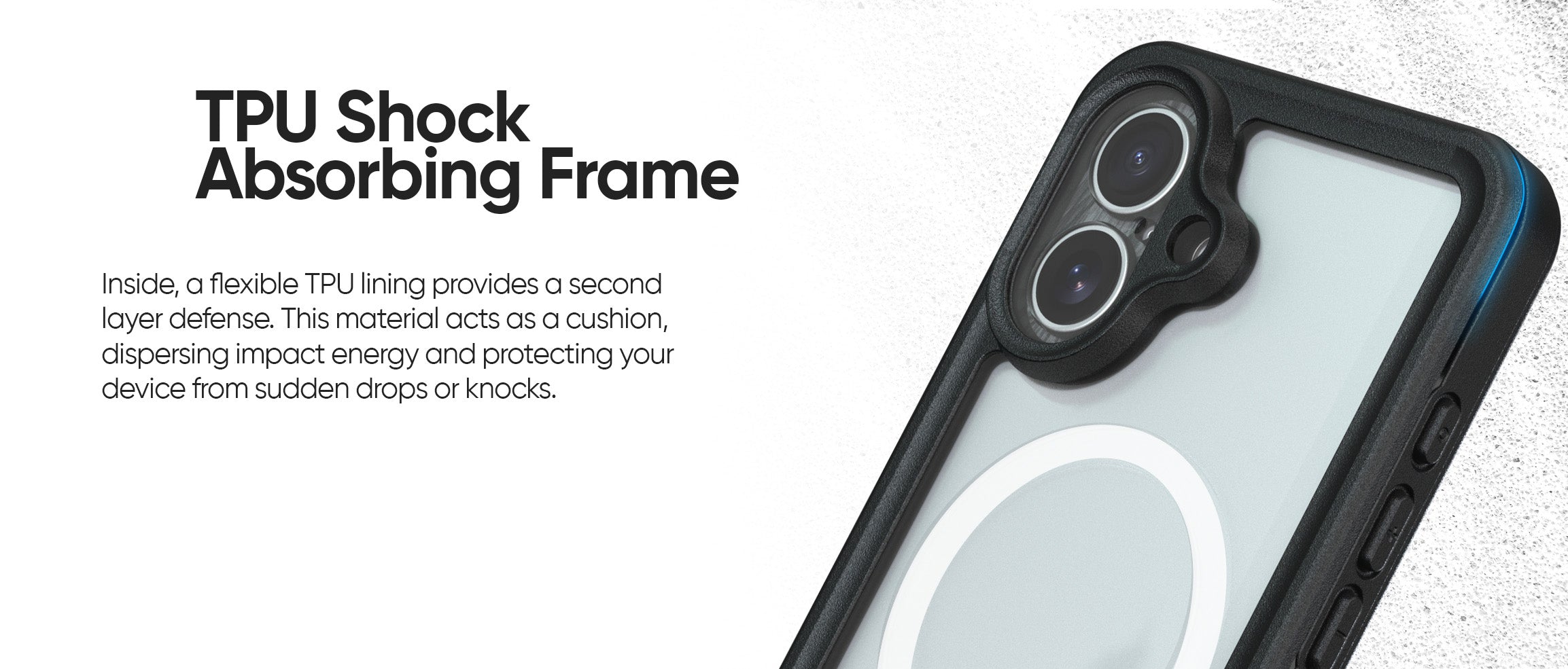 Highlighting the flexible TPU shock-absorbing inner frame of the Waterproof case for a second layer of defense.