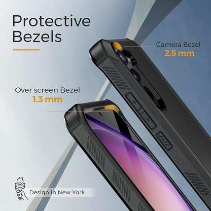 Close-up of the Bunker case's protective bezels, with a 2.5mm camera guard and 1.3mm screen guard for the Galaxy S23.