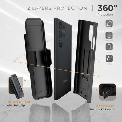 Infographic of the Ranger V1 case for Galaxy S23, detailing its 360° 2-layer protection and professional features.