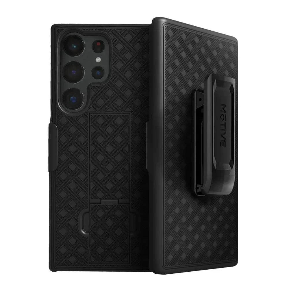 Front and back view of the Motivecase Ranger V1 case and holster combo for the Samsung Galaxy S23, showing the secure belt clip.