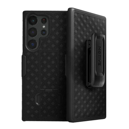 Front and back view of the Motivecase Ranger V1 case and holster combo for the Samsung Galaxy S23, showing the secure belt clip.
