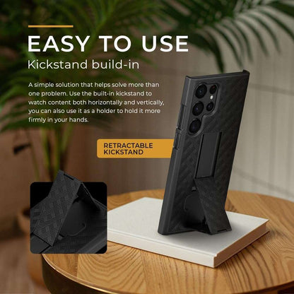 The easy-to-use vertical kickstand on the Ranger V1 case, holding a Galaxy S24 in a stable portrait position.