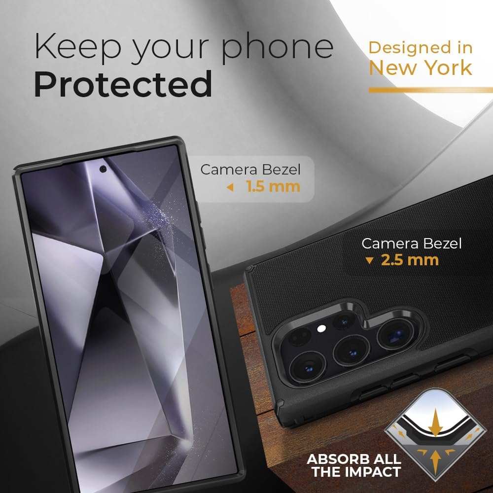 Close-up of the Ranger V2 case's 2.5mm raised camera bezel, providing extra protection for the Samsung Galaxy S24.