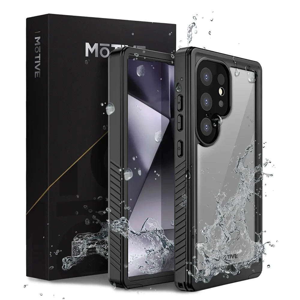 The Motivecase Waterproof case for Samsung Galaxy S24 shown with its packaging and splashing water, highlighting its water-resistant design.