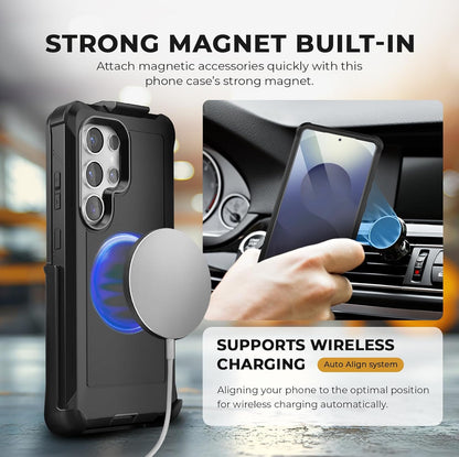 The Galaxy S25 Bunker case demonstrating its strong built-in magnet for a secure MagSafe wireless charging connection.