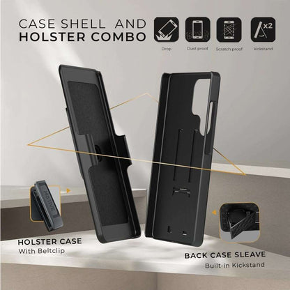 Infographic of the Ranger V1 case for Galaxy S25, highlighting its drop proof, dust proof, and scratch proof features, and vertical kickstand.