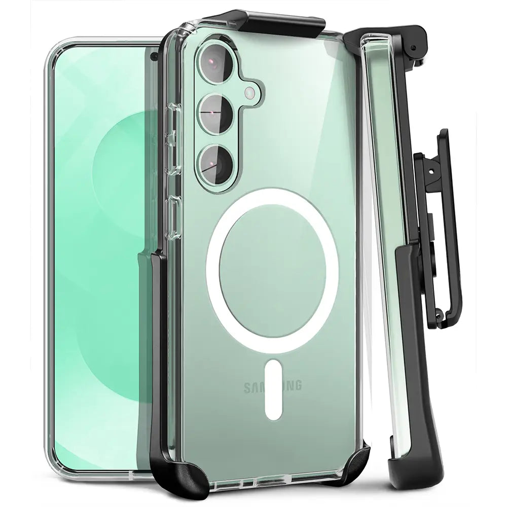 Front and side view of the Motivecase Crystal Series clear case on a Samsung Galaxy S25 / S24 Plus.