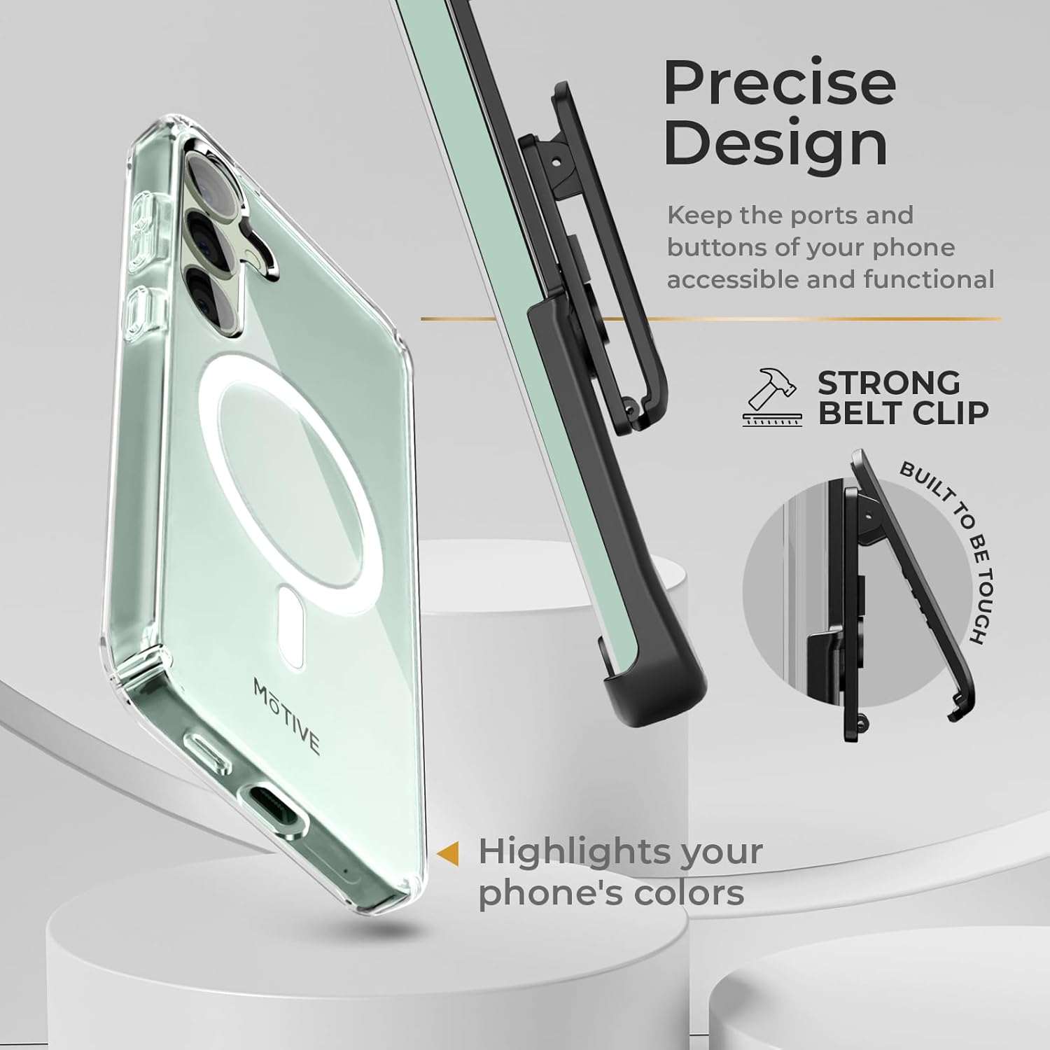 Showcasing the precise design, corner protection, and secure belt clip of the Crystal case for Samsung Galaxy S25 / S24 Plus.