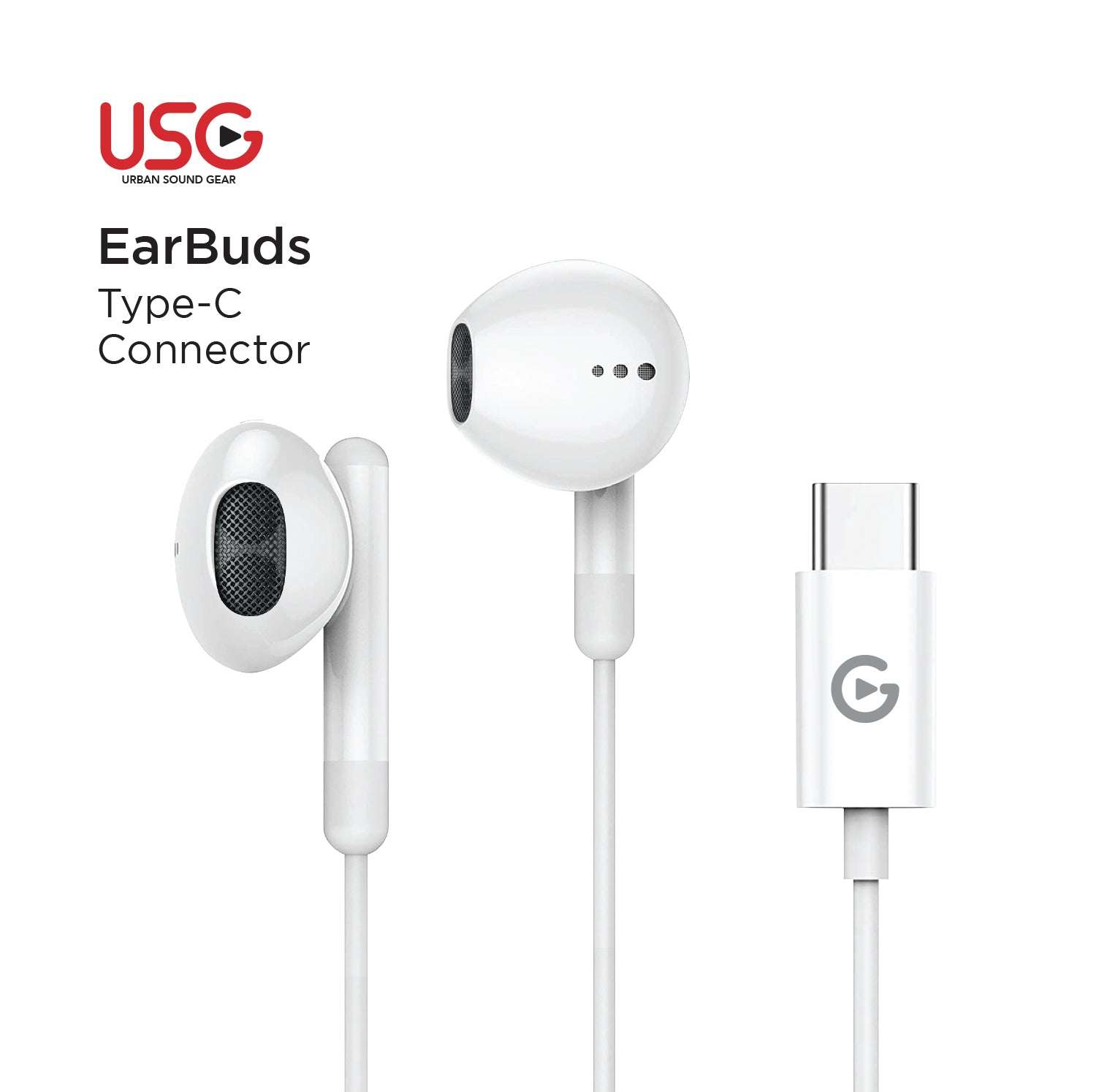 The Urban Sound Gear wired USB-C headphones in white, showing the ergonomic earbuds and the USB-C connector.